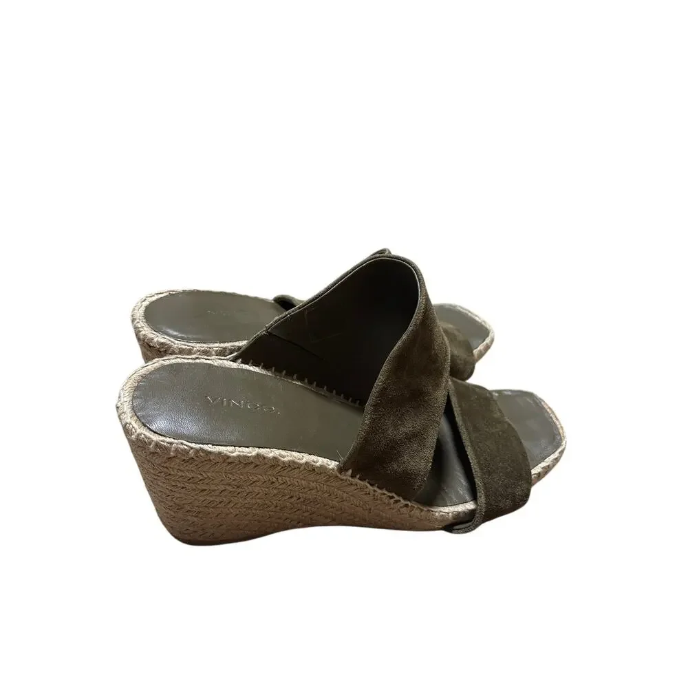 Vince Olive Suede Double Strap Espadrille Wedge Slides 8